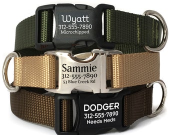 Personalized Dog Collar - Engraved Buckle Dog Collar - Brown, Tan, Olive Dog Collar - Webbing Dog Collar with Name - Durable Pet ID Collar