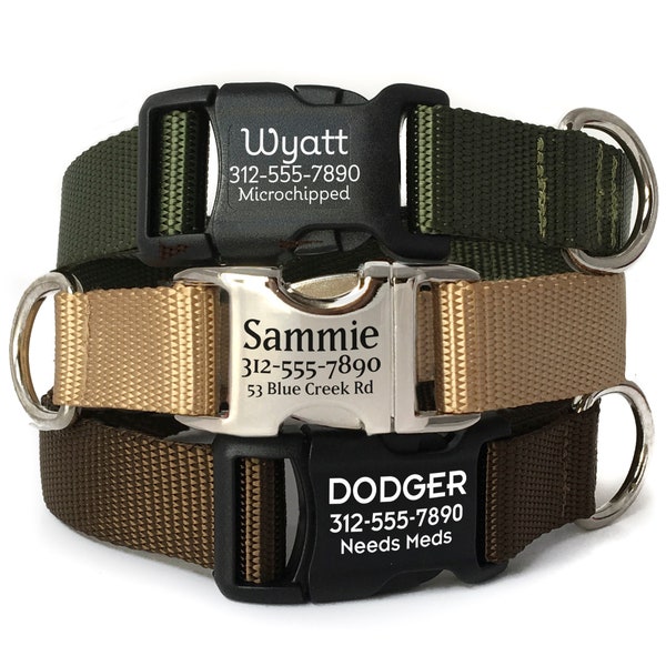 Personalized Dog Collar - Engraved Buckle Dog Collar - Brown, Tan, Olive Dog Collar - Webbing Dog Collar with Name - Durable Pet ID Collar