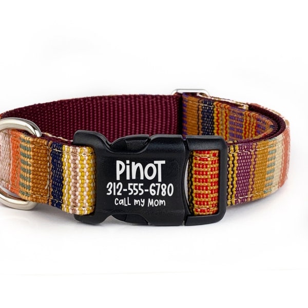 Personalized Boho Dog Collar - Engraved Buckle - Red Mustard Navy Purple Hand-Woven Fabric - Southwest Tribal Dog Collar with Name - Pet ID