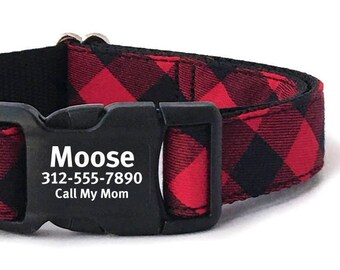 Personalized Dog Collar in a Red and Black Buffalo Plaid - Engraved Buckle Dog Collar - Dog Collar ID tag - Dog Collar Personalized