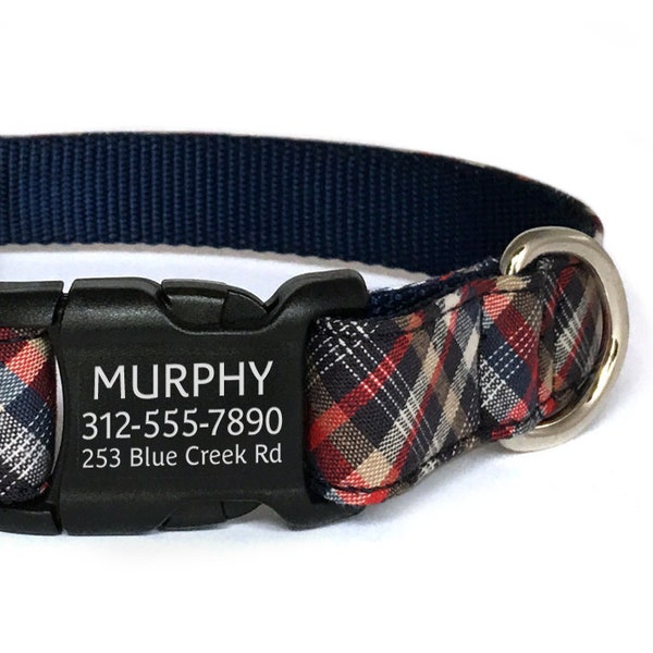 Personalized Dog Collar in a Red, White and Blue Plaid with Laser Engraved Buckle - ID Dog Collar - Dog Collar Personalization -