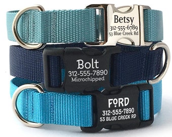 Personalized Dog Collar - Engraved Buckle Dog Collar - Blue Dog Collar with Webbing - Boy Dog Collar with Pet ID - Durable Name Collar