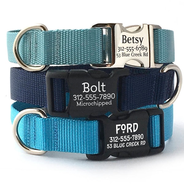 Personalized Dog Collar - Engraved Buckle Dog Collar - Blue Dog Collar with Webbing - Boy Dog Collar with Pet ID - Durable Name Collar