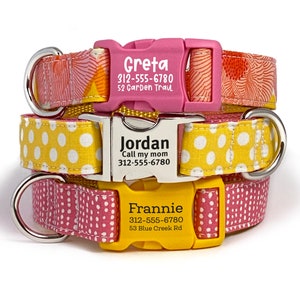 Personalisiertes Hundehalsband in Rosa und Gelb mit Blumen- und Polka-Dot-Optionen | Hundehalsband für Frühling und Sommer | ID Halsband für Mädchen Hund