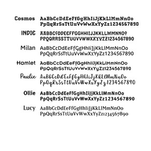 May include: A graphic design alphabet with the words Cosmos, Indie, Milan, Hamlet, Paulie, Ollie, and Lucy in black text. The alphabet includes uppercase letters, lowercase letters, and numbers 0-9.