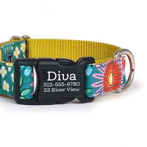 Personalized Dog Collar in a Teal, Red & Yellow Floral with Engraved ID Buckle | Female Dog Collar | Girl Dog Collar |  Name Dog Collar