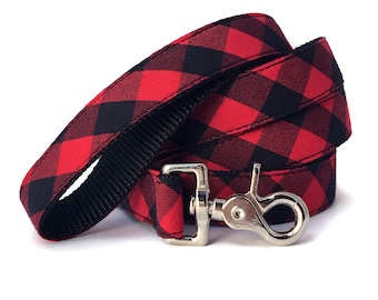 Red Buffalo Plaid Dog Leash: Winter Gingham Cotton Lead