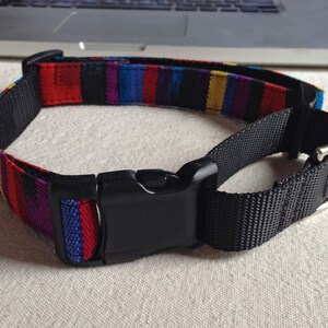 May include: A colorful striped dog collar with a black buckle and a silver D-ring.