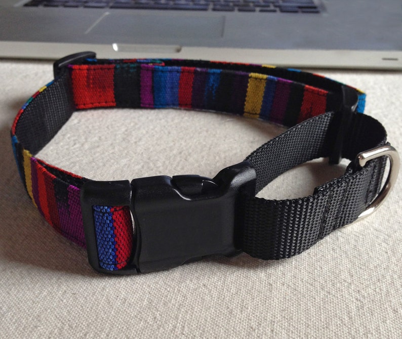 May include: A colorful striped dog collar with a black buckle and a silver D-ring.