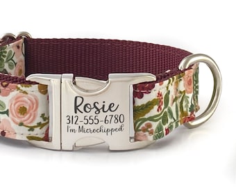 Personalized Floral Dog Collar in a Rifle Paper Co Fabric - Blush, Pink & Green - ID Dog Collar for Fall - Girl Dog Collar - Name Dog Collar