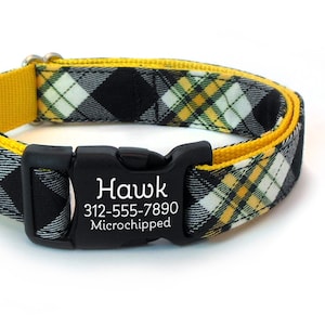 Personalized Dog Collar - Engraved Buckle Dog Collar in a Yellow and Black Plaid - Pet ID tag