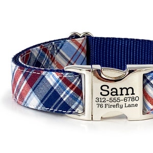 Red White Blue Plaid Dog Collar: Personalized Patriotic Engraved Buckle