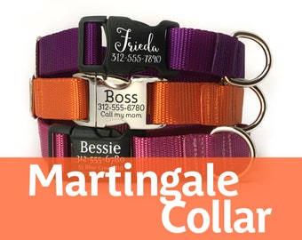 Personalized Martingale Dog Collar with Laser Engraved Buckle - Nylon Webbing Collar with Pet ID - Limited-Slip Collar with Name - ID Tag