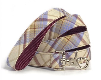 Plaid Tartan Dog Leash: Cornflower Blue, Maroon, Khaki