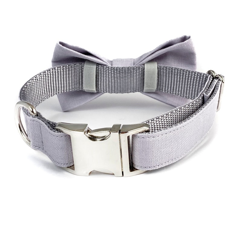 May include: A gray dog collar with a matching gray bow tie. The collar has a silver buckle.