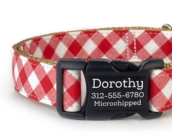 Personalized Red Gingham Dog Collar - Engraved Buckle - Dog Collar for Spring and Summer - Name Dog Collar - Pet Id Tag - ID Dog Collar