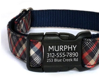 Red White Blue Plaid Dog Collar: Personalized Laser Engraved Buckle, Preppy Style