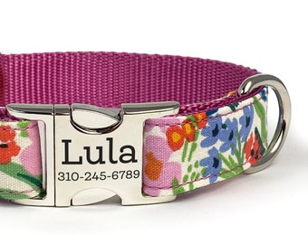 Personalized Floral Dog Collar in a Painterly Rifle Paper Co. Fabric | Engraved ID Buckle | Female Dog Collar | Girl Dog Collar |  Name ID