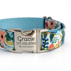 Personalized Floral Dog Collar in Light Blue, Red & Pink Rifle Paper Co Fabric - Laser Engraved Buckle - Feminine Pet ID Collar for Summer