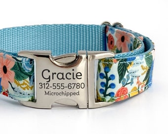 Personalized Floral Dog Collar in Light Blue, Red & Pink Rifle Paper Co Fabric - Laser Engraved Buckle - Feminine Pet ID Collar for Summer