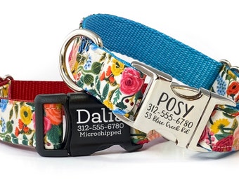 Personalized Dog Collar in Rifle Paper Co. Floral in Red, Blue, Pink - Engraved Buckle Girl Dog Collar - Name Dog Collar for Spring & Summer