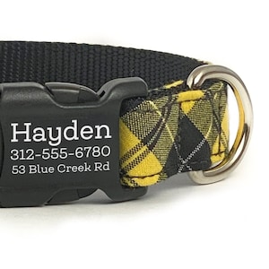 Personalized Dog Collar in a Yellow and Black Plaid - Laser Engraved Dog Collar - Name Dog Collar - Pet ID Collar - Handmade in the USA