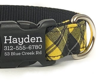 Personalized Dog Collar in a Yellow and Black Plaid - Laser Engraved Dog Collar - Name Dog Collar - Pet ID Collar - Handmade in the USA