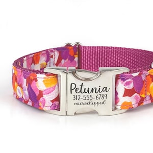 Personalized Floral Dog Collar in Magenta, Pink, and Purple - Spring and Summer - Engraved Buckle - Feminine Name Dog Collar - ID Dog Collar