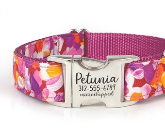 Personalized Floral Dog Collar: Magenta, Pink, Purple - Engraved Buckle