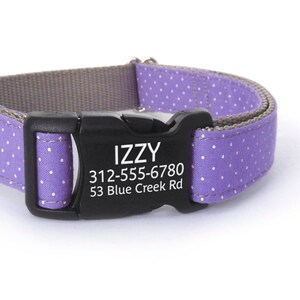 Collare per cani personalizzato a pois viola con fibbia incisa al laser - Personalizzazione del collare per cani con identificazione - Collare per cani da bambina per la primavera