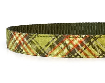 Collar para perro a cuadros verde oliva: tela escocesa, cincha de nailon resistente