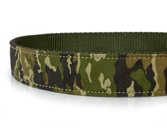 May include: A green, brown, and tan camouflage patterned dog collar with a solid green outer edge.