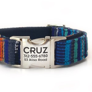 Personalized Dog Collar with Laser Engraved Buckle - Red Southwest Dog Collar with ID Tag - Ikat Dog Collar - Boho Dog Collar with Name