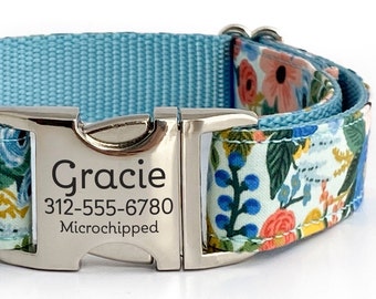 Personalized Floral Dog Collar in Light Blue, Red & Pink Rifle Paper Co Fabric - Laser Engraved Buckle - Feminine Pet ID Collar for Summer