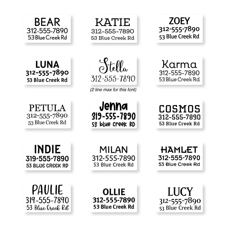 May include: A set of 12 white rectangular pet ID tags with black text. Each tag includes a name, phone number, and address. The names include Bear, Katie, Zoey, Luna, Stella, Karma, Petula, Jenna, Cosmos, Indie, Milan, Hamlet, Paulie, Ollie, and Lucy.