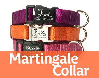 Personalized Martingale Dog Collar with Laser Engraved Buckle - Nylon Webbing Collar with Pet ID - Limited-Slip Collar with Name - ID Tag