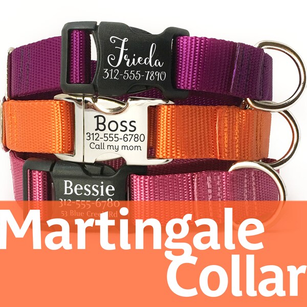 Personalized Martingale Dog Collar with Laser Engraved Buckle - Nylon Webbing Collar with Pet ID - Limited-Slip Collar with Name - ID Tag