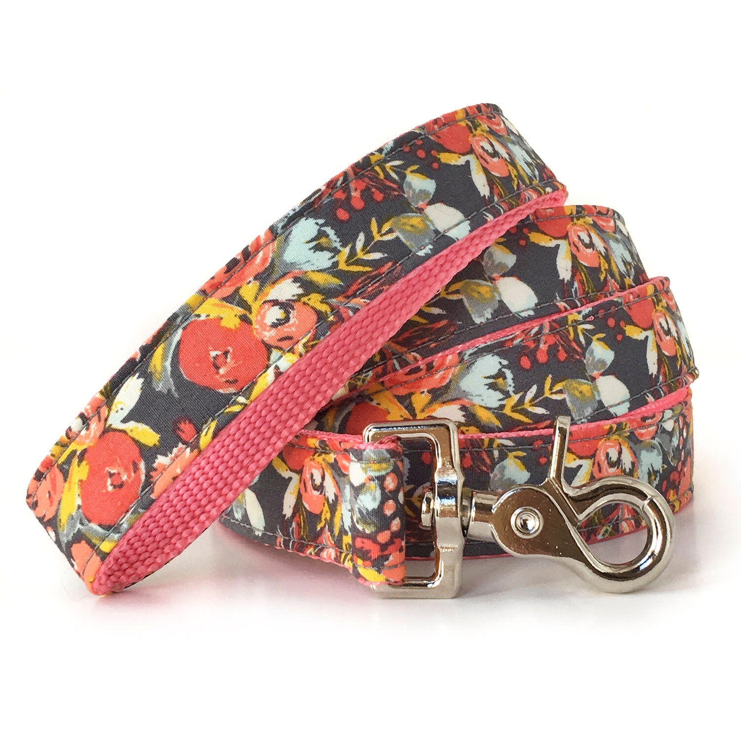 Coral Pink Floral Dog Leash - Girl Dog Leash - Female Dog Leash - Flower Dog Lead