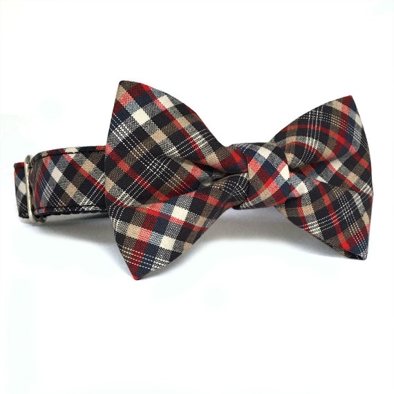 Red White Blue Plaid Bow Tie: Preppy Dog Collar Attachment