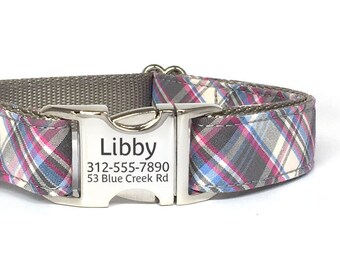Personalized Plaid Dog Collar: Laser Engraved Buckle, Pet ID Tag