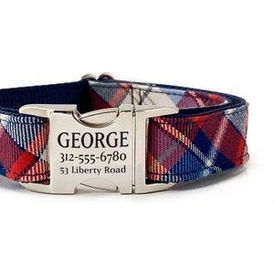 Personalized Patriotic Plaid Dog Collar: Laser Engraved Buckle, Gift for Dog Lover