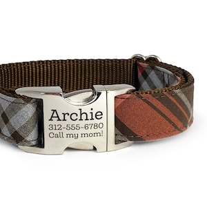 Personalized Brown Plaid Dog Collar: Laser Engraved Buckle