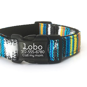 Personalized Boho Dog Collar in a Guatemalan Hand-Woven Fabric | Blue, Orange & Black ID Dog Collar with Engraved Buckle | Name Dog Collar