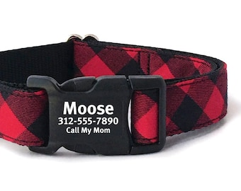 Collier pour chien à carreaux rouge Buffalo : boucle gravée, carte d'identité personnalisée pour animal de compagnie