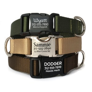 Personalized Dog Collar - Engraved Buckle Dog Collar - Brown, Tan, Olive Dog Collar - Webbing Dog Collar with Name - Durable Pet ID Collar