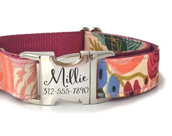 Personalized Dog Collar in Colorful Floral with Laser Engraved Buckle - ID Dog Collar Personalization - Girl Dog Collar - Name Dog Collar