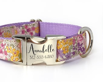 Personalized Floral Dog Collar in Lavender, Pink, & Yellow - Spring and Summer - Engraved Buckle - Feminine Dog Collar - ID Dog Collar