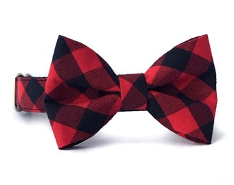 May include: Red and black buffalo plaid bow tie for a pet collar.