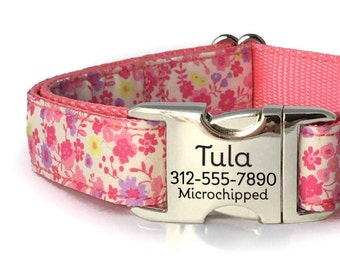 Pink Floral Dog Collar: Personalized Laser Engraved Buckle, Girl Puppy, Dog Mom Gift