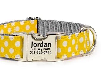 Personalized Dog Collar: Yellow Polka Dot, Laser Engraved Buckle